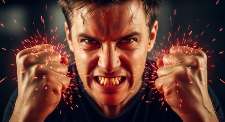 Intense portrait of a furious person, clenching fists with sparks, conveying rage