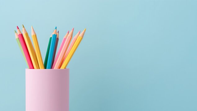 Pastel Spectrum. A Cylinder of Colored Pencils on a Light Blue Surface, Closeup.