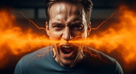 Man yells with glowing fiery energy emanations, focused expression, close-up, dramatic lighting