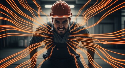 A construction worker in hard hat and workwear, glowing lines radiating from him