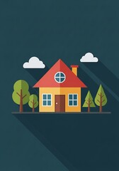 Flat design of a family house and trees in front of it, simple shape