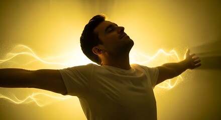 Man with arms outstretched, backlit by a bright yellow light, in a pose of freedom and joy