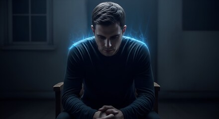 A man sits, head bowed, surrounded by ethereal blue energy, in a dimly lit room