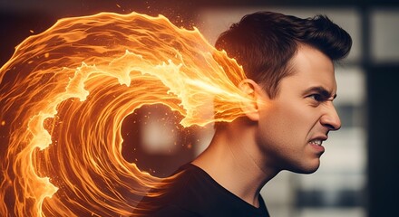 Furious man's head engulfed in fiery explosion, showing anguish and powerful emotion