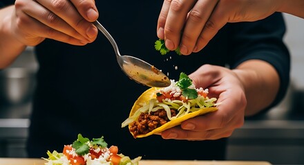 Crafting authentic tacos: a culinary expert embellishing a delicious taco with fresh cilantro and spicy sauce
