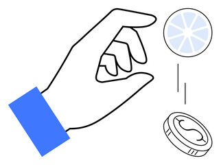 Outlined hand flips a coin and sliced circle in mid-air. Ideal for finance, choice, decision-making, risk, gambling, chance, economy themes. Clean and simple flat metaphor