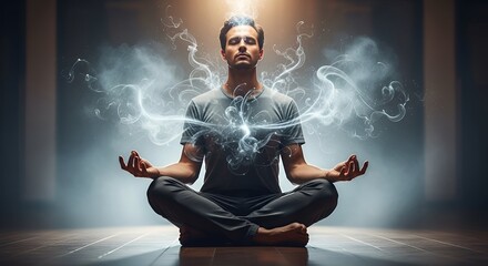 A person meditating in the lotus position, radiating light and ethereal energy, eyes closed