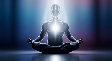 A meditative figure with glowing energy in a yoga pose, under a spotlight