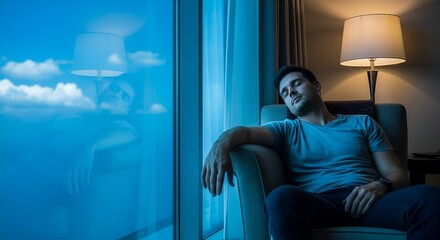 Man asleep in a comfy chair next to a window reflecting clouds at night