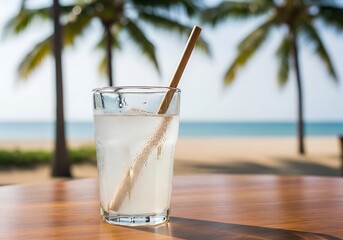 Refreshing tropical drink with natural straw on a sunny beach getaway