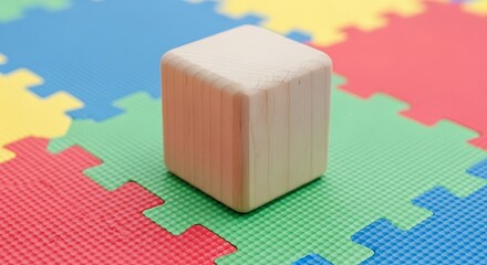 Simple wooden cube standing on vibrant jigsaw flooring, close up view