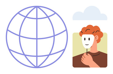 Person holding mask, emphasizing hidden identity. Globe indicates global connection. Ideal for anonymity, identity, social media, online security, global impact, privacy simple flat metaphor