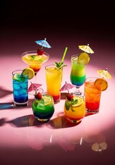 Vibrant assorted cocktails with decorative umbrellas on pastel backdrop