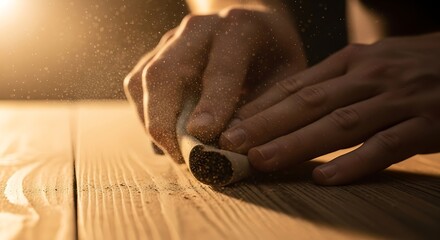Hands smoothing wood using sandpaper, a woodworking skill in workshop