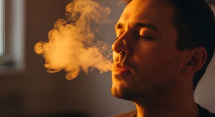 A man exhales a cloud of vapor illuminated with a warm orange light