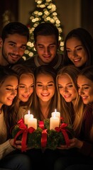 Fototapeta premium Joyful men and women share a warm Advent moment, intently gazing at a verdant wreath adorned with four brightly lit candles, creating a cozy holiday glow.