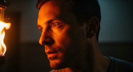 Man gazing intensely at a flame in dim surroundings, bathed in a warm, orange glow