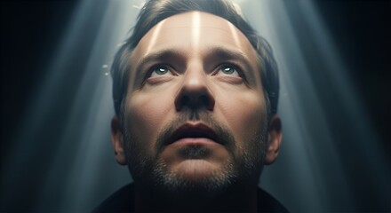 A man gazes upwards, illuminated by rays of light emanating from above, with a dark background