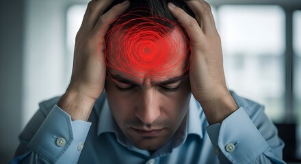 Man with closed eyes holding his head, with a digital red spiral overlay