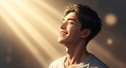 Joyful person basks in sunbeams, eyes closed, radiating happiness, bathed in golden light