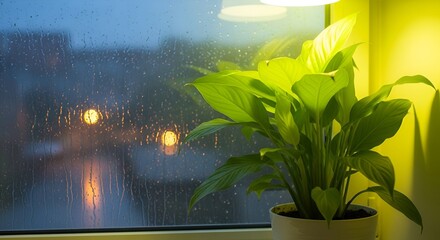 Inside view of potted plant with green leaves by window; rainy outside scene at dusk