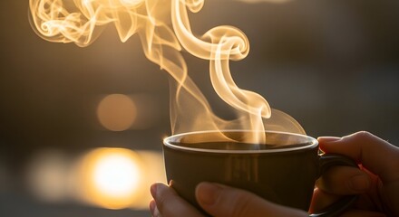 Close-up of hands holding a warm coffee cup with rising steam, backlit by a sunset