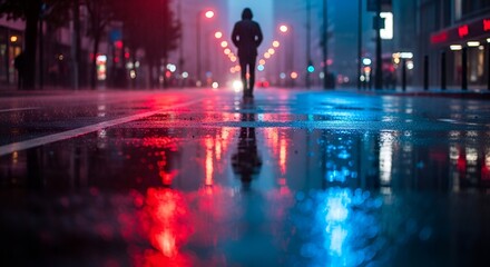 Silhouetted figure walking on a wet city street, reflecting red and blue neon lights