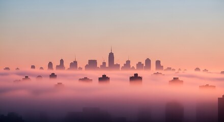 A cityscape shrouded in vibrant, pink-hued fog at dawn, creating a surreal and atmospheric view
