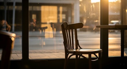 Wooden chair sits by window, bathed in golden light during sunset, cafe interior