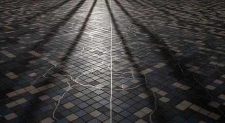Overhead shot of a tiled floor casting shadows, creating a geometric and textured visual