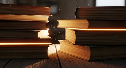 Stacked aged books glow with warm light, resting on a wooden surface, soft focus background