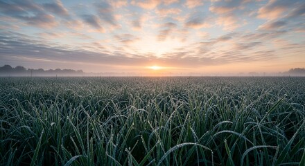 A field of plants, coated with frost, against a pastel sunrise sky