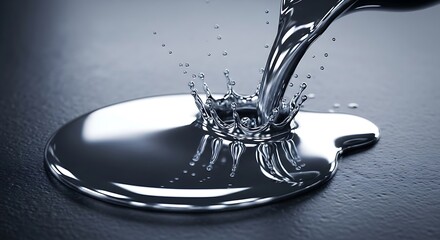Liquid mercury being poured creating a splash on a flat surface