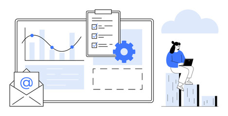 Fototapeta premium Graph data, checklist, gear, email for workflow integration, person on bar graph with laptop. Ideal for productivity, analytics, tasks, collaboration digital tools research simple flat metaphor