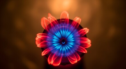 Artistic top-down view of flame petals, vivid blue core, & glowing red edges against a warm backdrop
