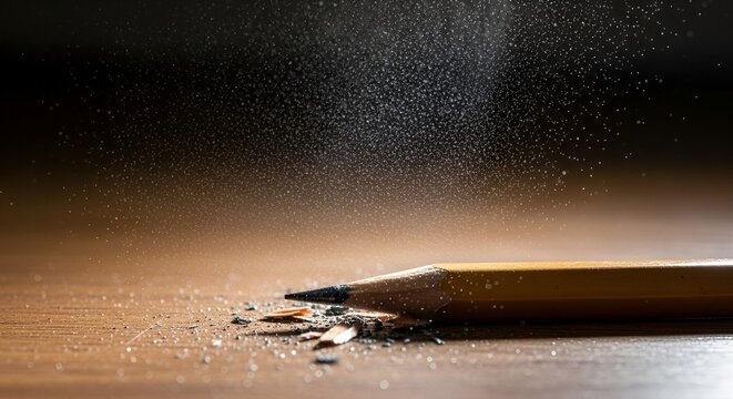 Close-up of a sharpened yellow pencil with graphite dust and shavings scattered on a wooden surface