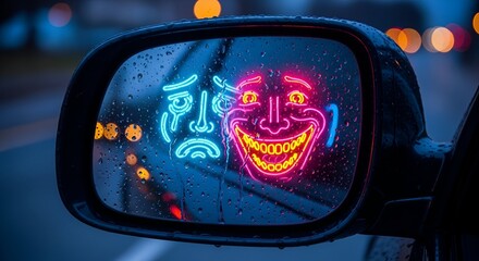 Neon artwork of smiling and sad faces reflected in a car side mirror with city lights
