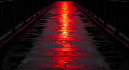 Illuminated pathway with reflective surface and handrails, dark tones