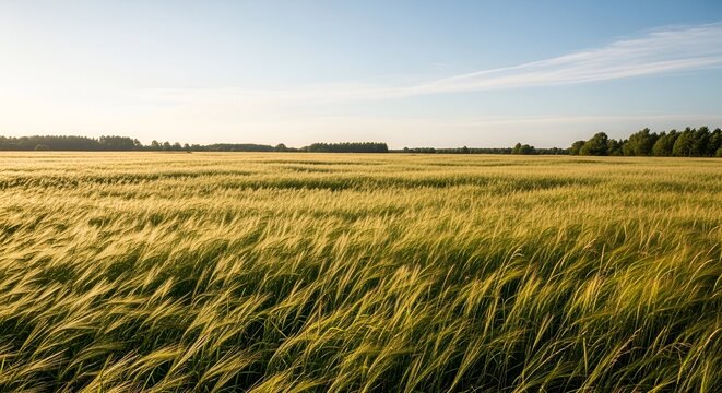 Golden wheat field swaying in the gentle breeze under a clear blue sky on a sunny day