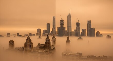 Obraz premium Misty cityscape showcases skyscrapers amidst a sea of fog, creating an ethereal, dramatic scene