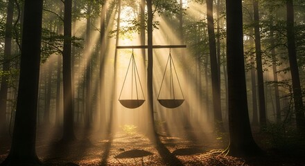 Symbolic image of balance, scales suspended amidst a sunlit, misty forest, conveying justice