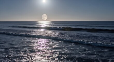 Full moon reflected on the tranquil ocean surface, waves gently rolling, serene night view