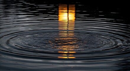 Concentric ripples on dark water surface with golden reflection from sunlight