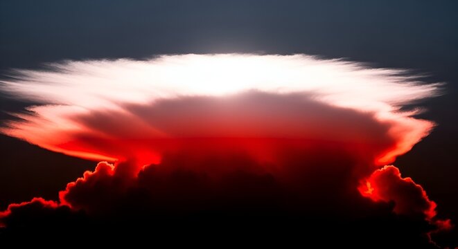 Dramatic cloud formation at sunset, glowing with vibrant red and white hues