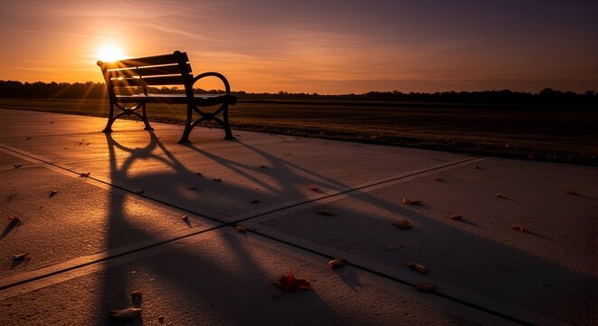 Silhouette of a bench on a walkway at sunset, casting long shadows. Golden hour scene with foliage