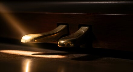 Close-up of piano foot pedals, gleaming gold finish, with warm light and dark shadows