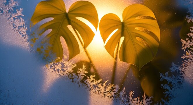 Two monstera leaves are backlit by the sun, set against a frosted winter scene
