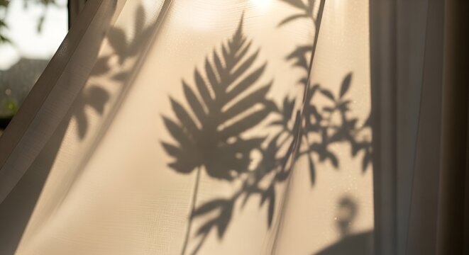 Soft sunlight silhouettes leaf patterns on sheer curtains near a window - Powered by Adobe