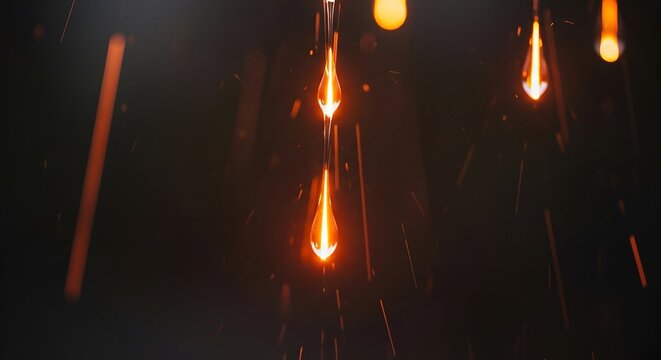 Close-up of glowing arrows falling, against a dark background, with sparks and bokeh