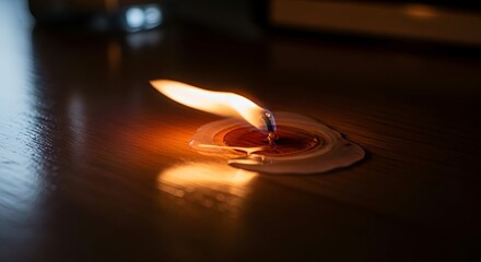 Close-up of a lit candle, with melted wax pooling on a wooden surface, soft warm lighting